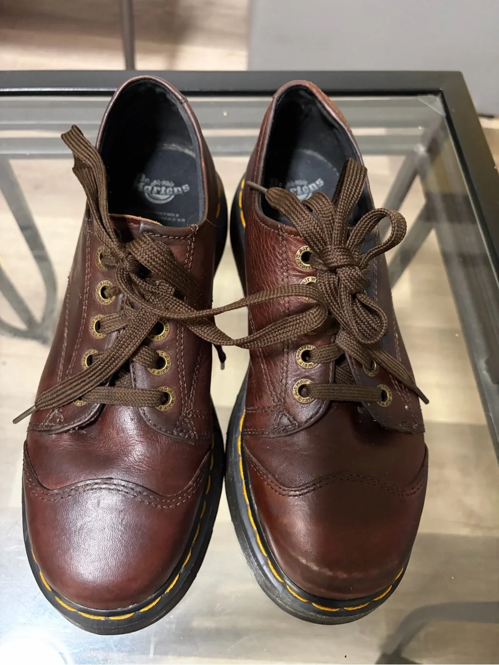 Dr. Martens Brown Leather Wingtip Derby Shoes with Yellow Welt